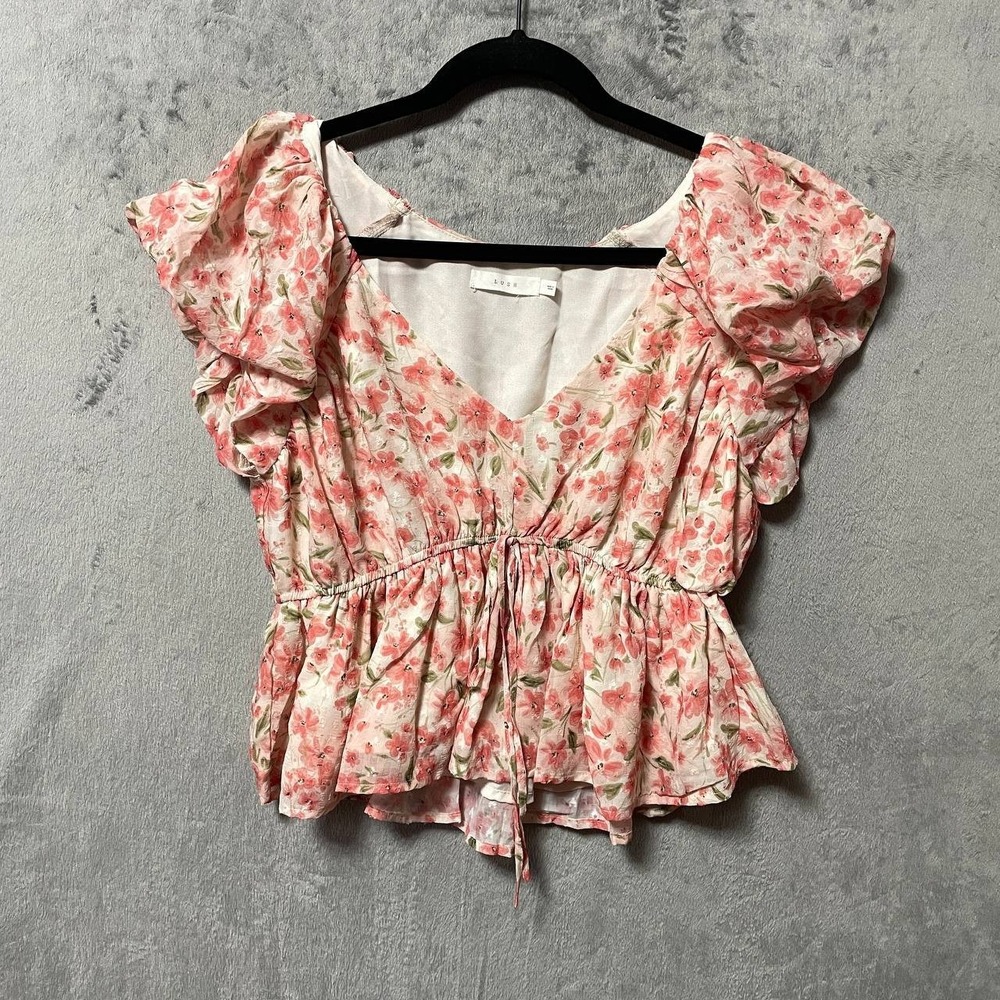 Floral Ruffle Sleeve Peplum Blouse M V Neck Babydoll Cottagecore Tie Front
